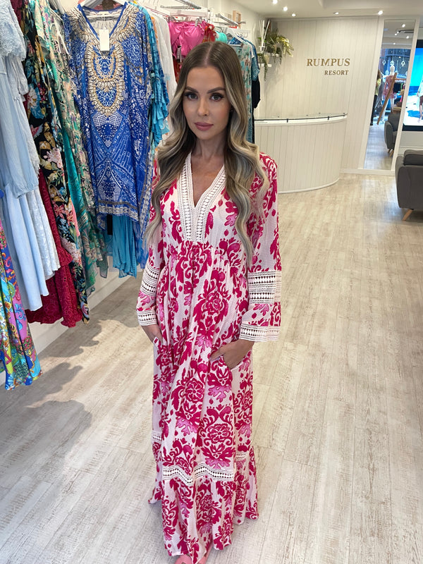 Valerie Khalfon Long Sleeve Maxi Dress in Pink Cream