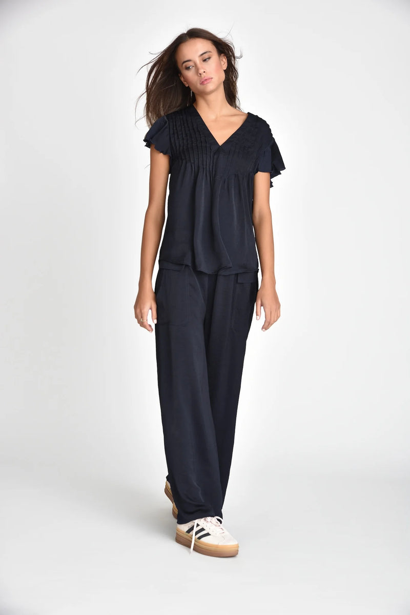 Muche & Muchette Hailey Flowy Silky Pleated Top in Navy