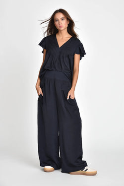 Muche & Muchette Hailey Flowy Silky Pleated Top in Navy