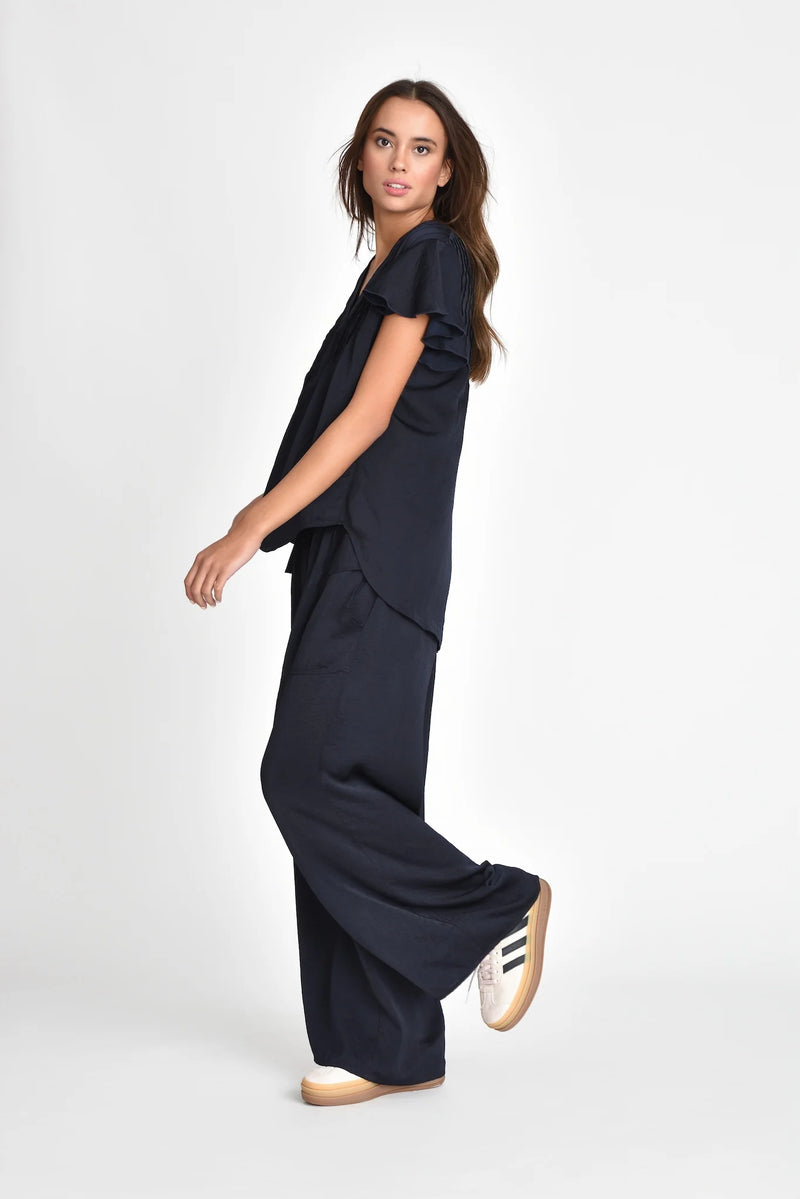 Muche & Muchette Hailey Flowy Silky Pleated Top in Navy