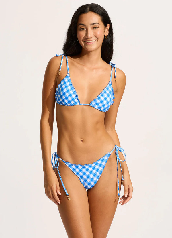 Seafolly Ciao Bella Check Slide Triangle Top and Brazilian Tie Side Bikini Set in Azure