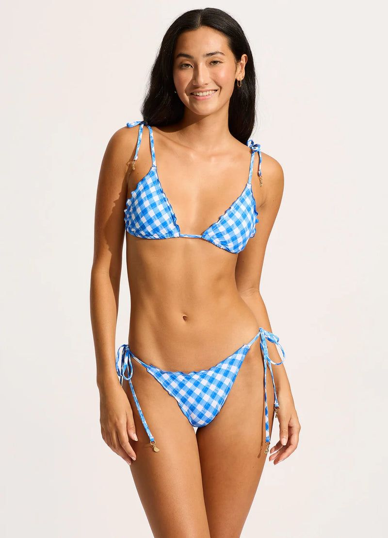 Seafolly Ciao Bella Check Slide Triangle Top and Brazilian Tie Side Bikini Set in Azure