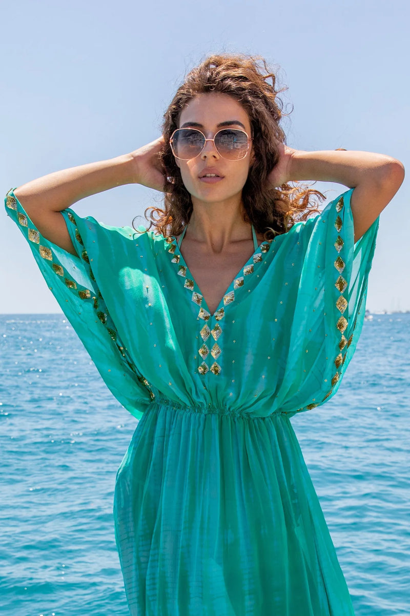 Lindsey Brown Havana Aqua Silk Maxi Kaftan