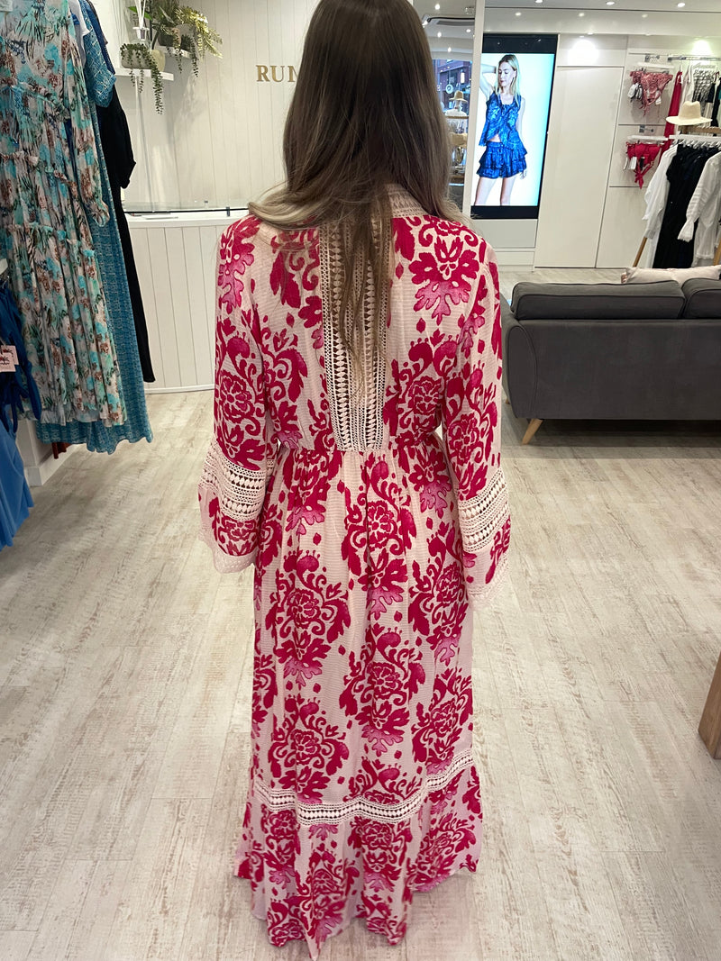 Valerie Khalfon Long Sleeve Maxi Dress in Pink Cream