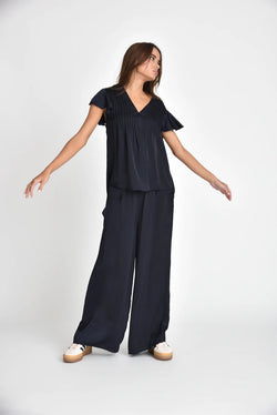 Muche & Muchette Hailey Flowy Silky Pleated Top in Navy