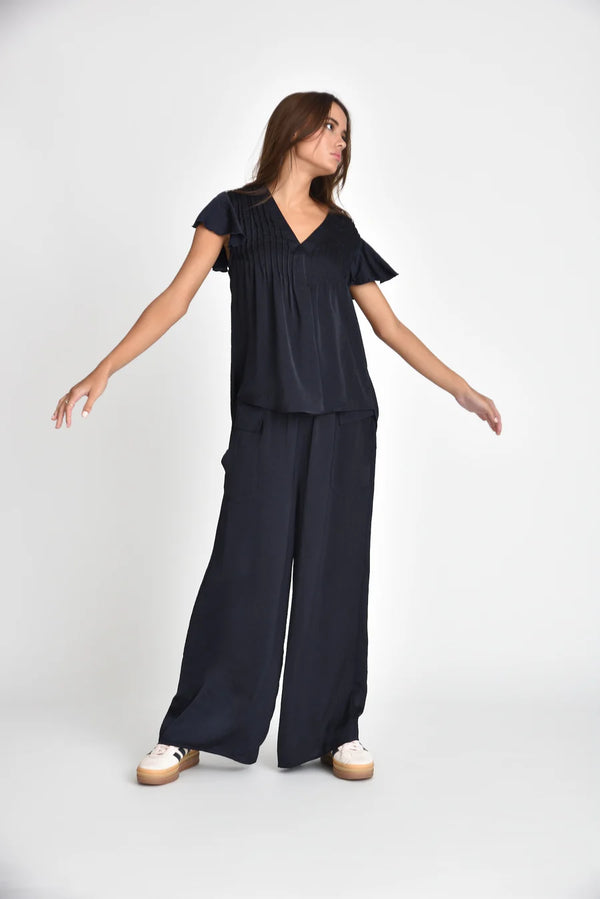 Muche & Muchette Hailey Flowy Silky Pleated Top in Navy