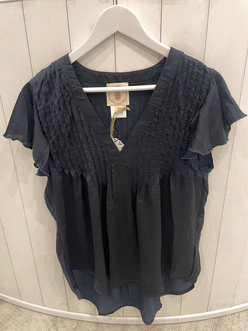 Muche & Muchette Hailey Flowy Silky Pleated Top in Navy