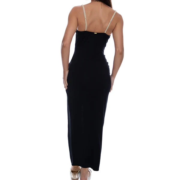 Luli Fama Sail On Fitted Side Slit Maxi Dress in Black