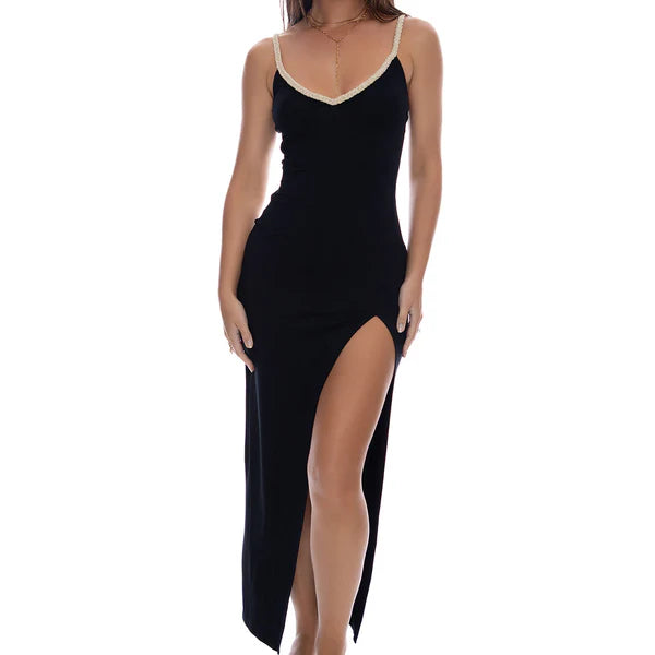 Luli Fama Sail On Fitted Side Slit Maxi Dress in Black