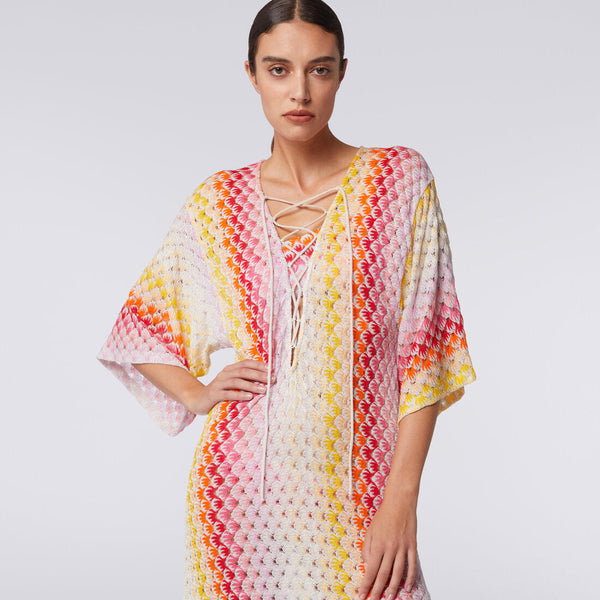 Missoni Striped Metallic Crochet Knit Long Kaftan in Red -  FINAL REDUCTIONS