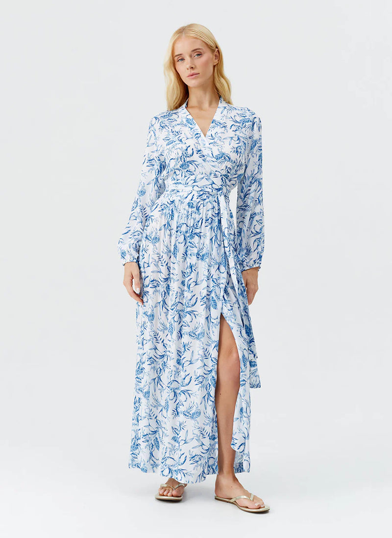 Melissa Odabash Rachel Maxi Wrap Dress Blue Leaf